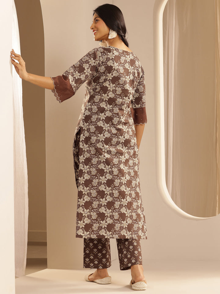 Brown Printed Cotton Straight Kurta Set