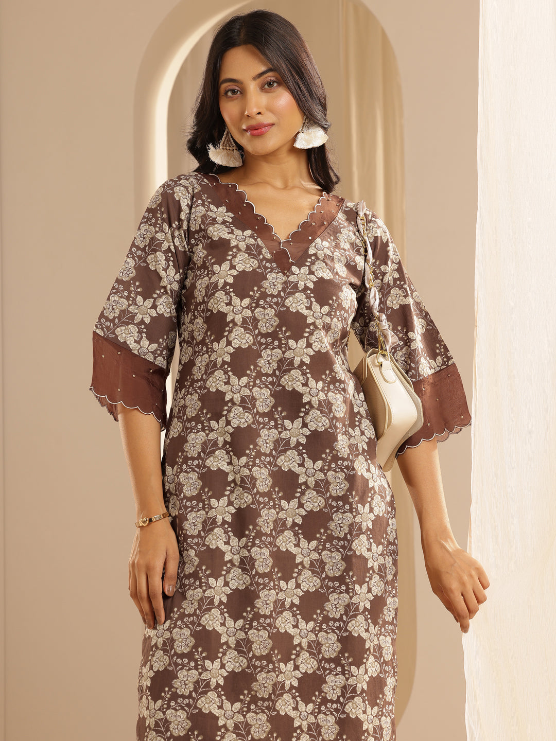 Brown Printed Cotton Straight Kurta Set