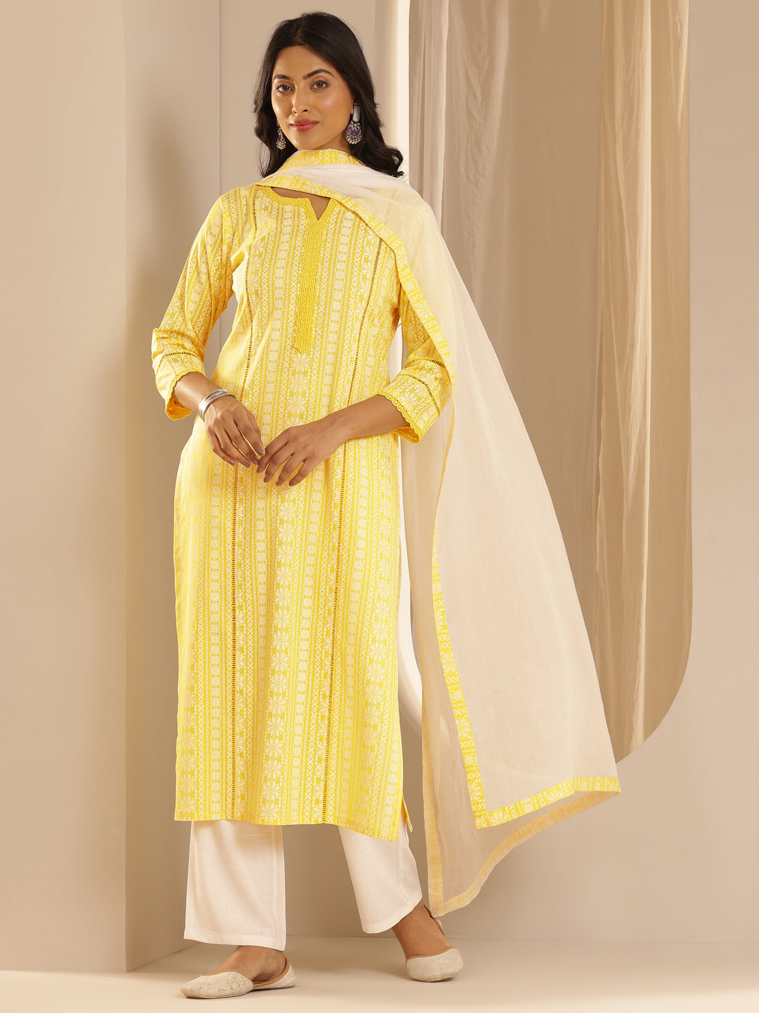 Yellow Printed Rayon Straight Suit Set With Dupatta