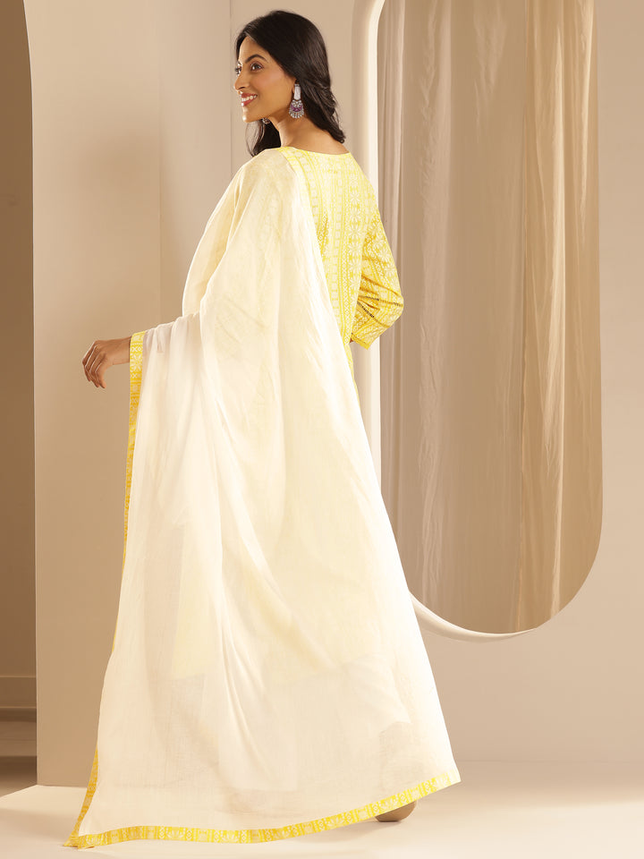 Yellow Printed Rayon Straight Suit Set With Dupatta