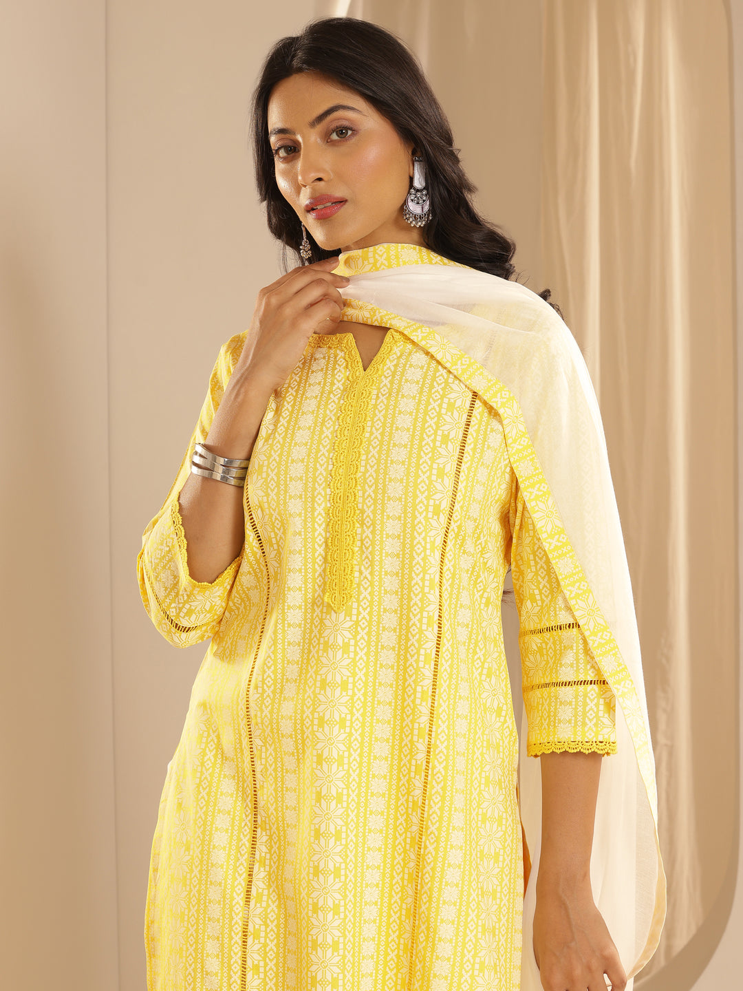 Yellow Printed Rayon Straight Suit Set With Dupatta