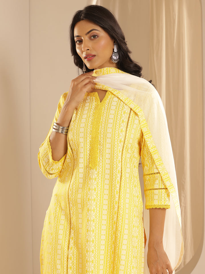 Yellow Printed Rayon Straight Suit Set With Dupatta