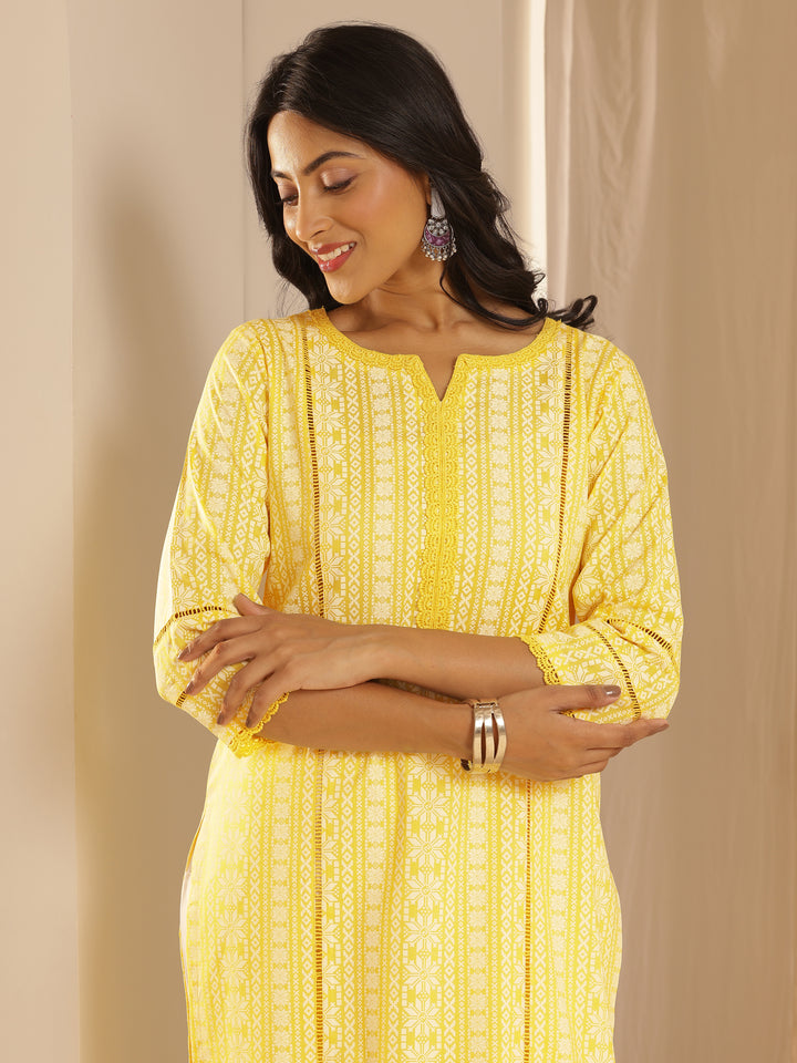 Yellow Printed Rayon Straight Suit Set With Dupatta