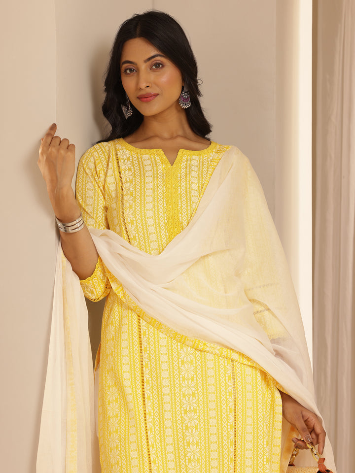 Yellow Printed Rayon Straight Suit Set With Dupatta