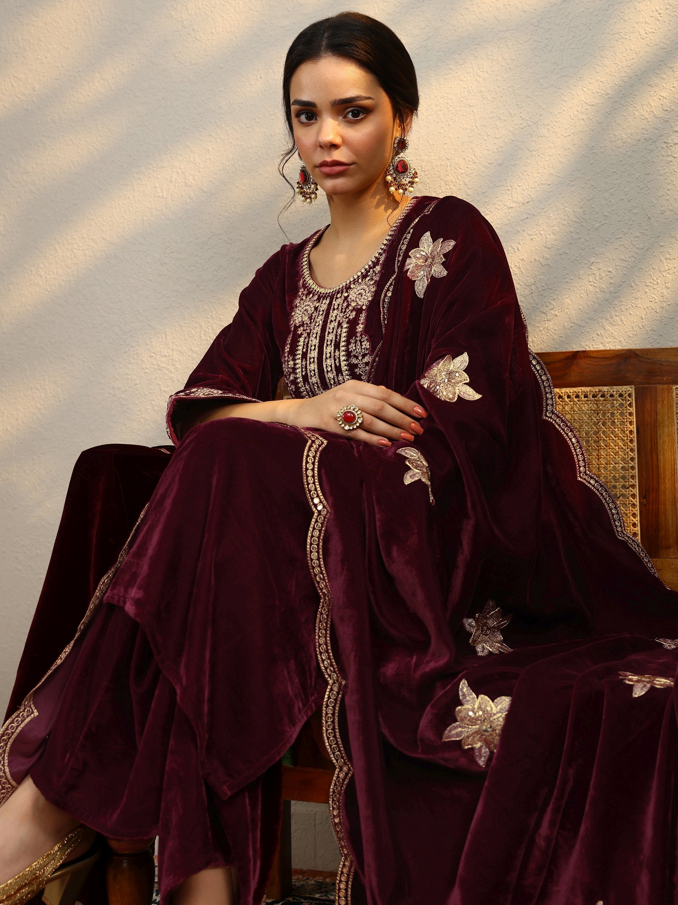 Burgundy Yoke Design Velvet Straight Suit With Dupatta