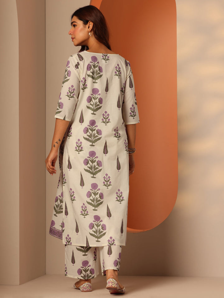 Off White Printed Cotton Straight Kurta Set
