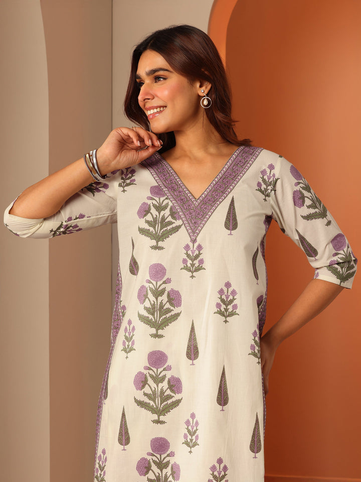 Off White Printed Cotton Straight Kurta Set