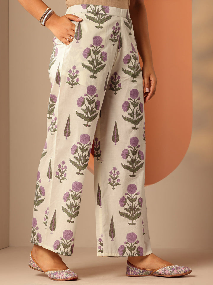 Off White Printed Cotton Straight Kurta Set