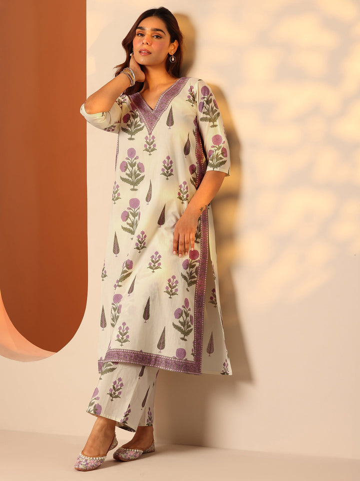 Off White Printed Cotton Straight Kurta Set