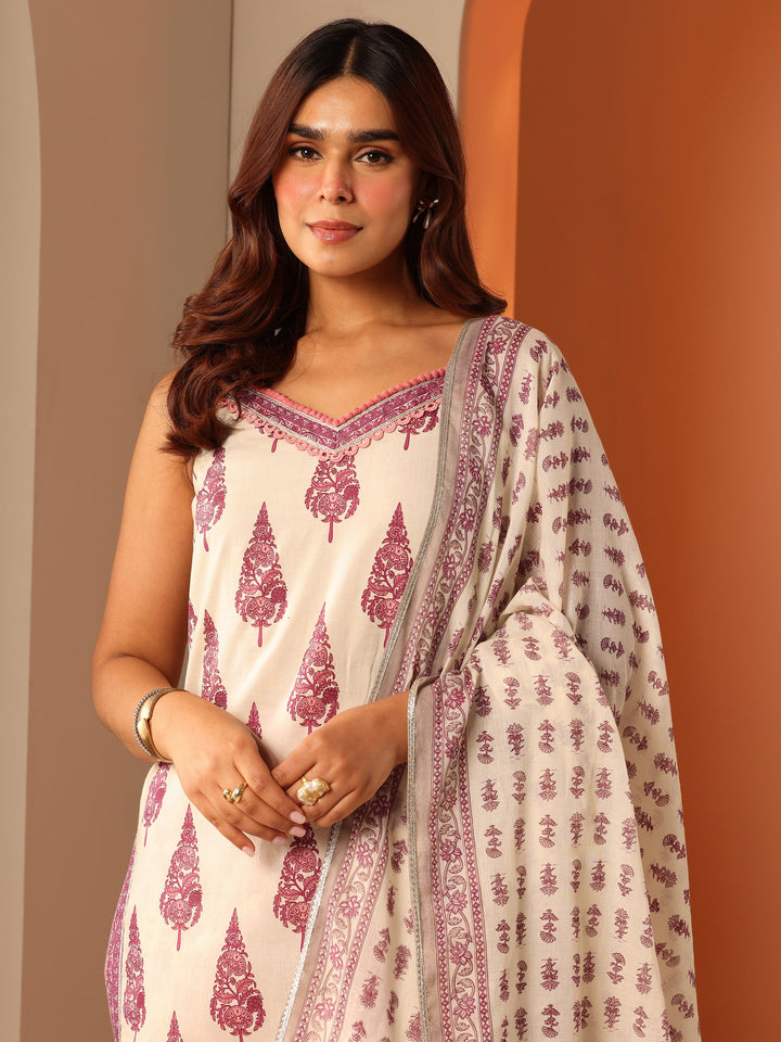 Off White Printed Cotton Straight Suit Set With Dupatta