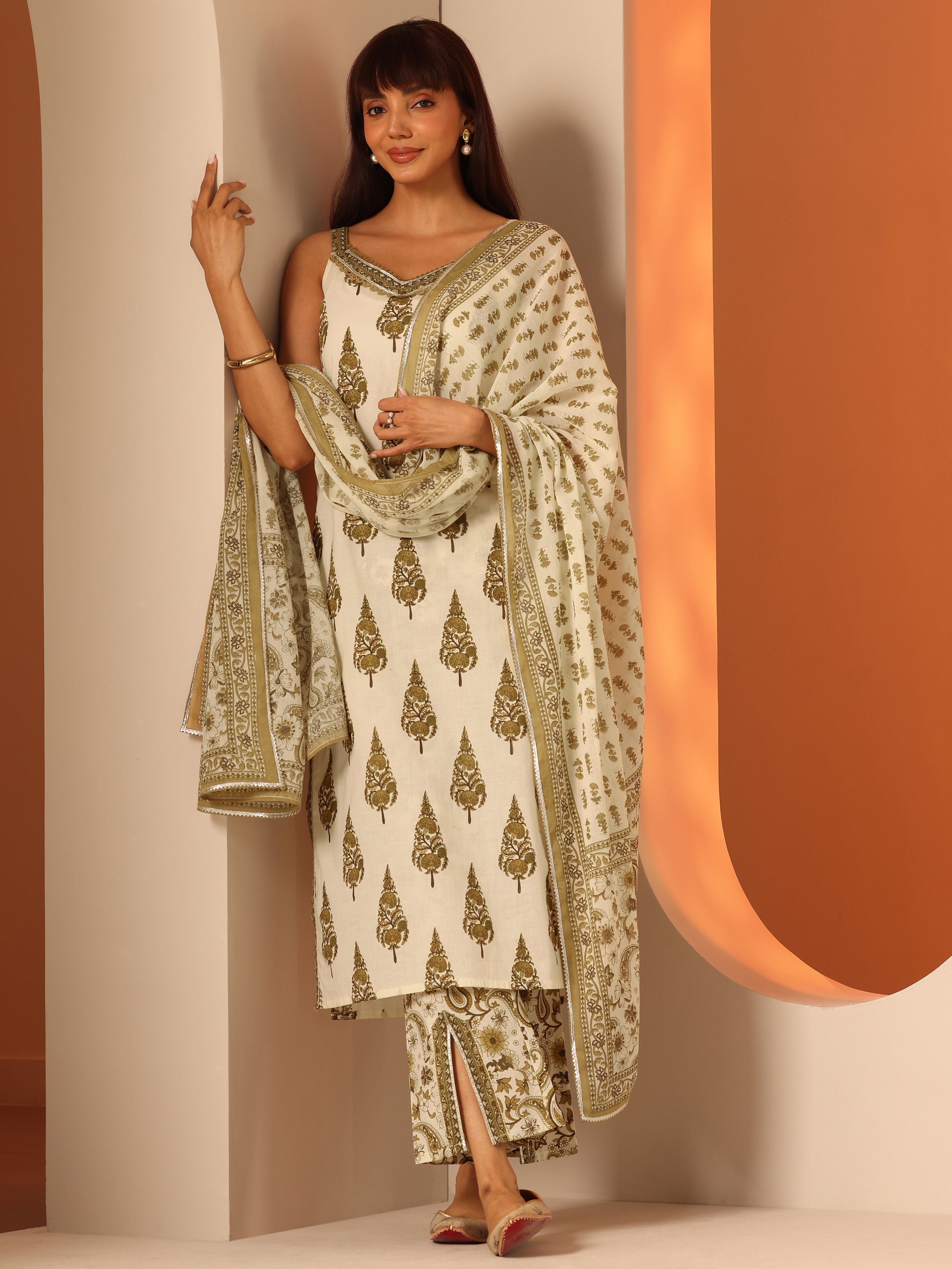 Plus Size Off White Printed Cotton Straight Suit With Dupatta