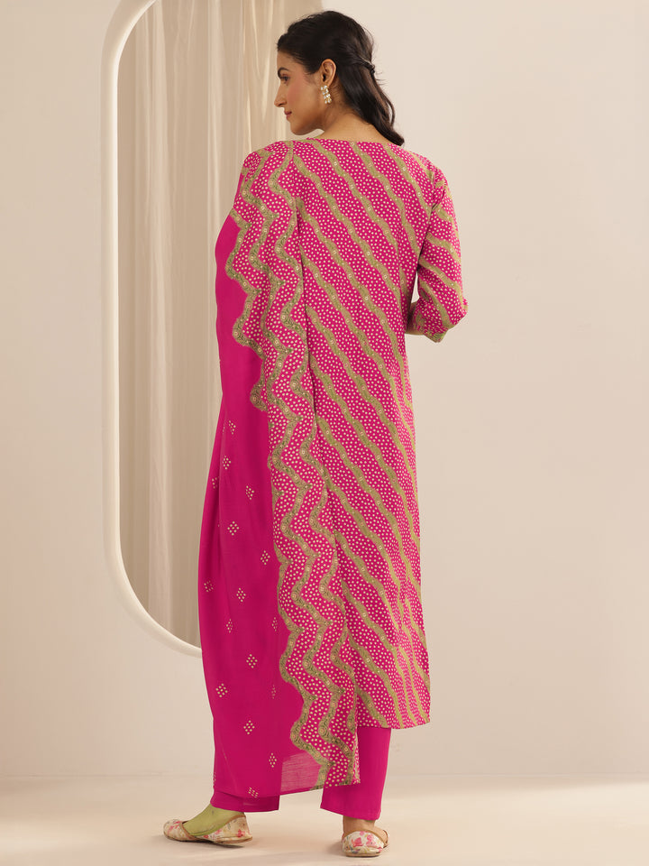 Pink Printed Silk Blend Straight Suit Set With Dupatta