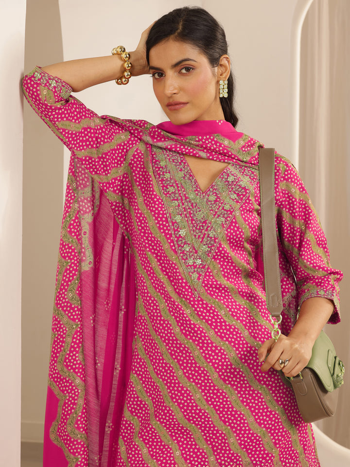 Pink Printed Silk Blend Straight Suit Set With Dupatta