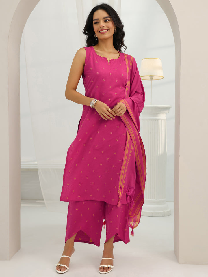 Pink Woven Design Cotton Blend Straight Suit Set With Dupatta