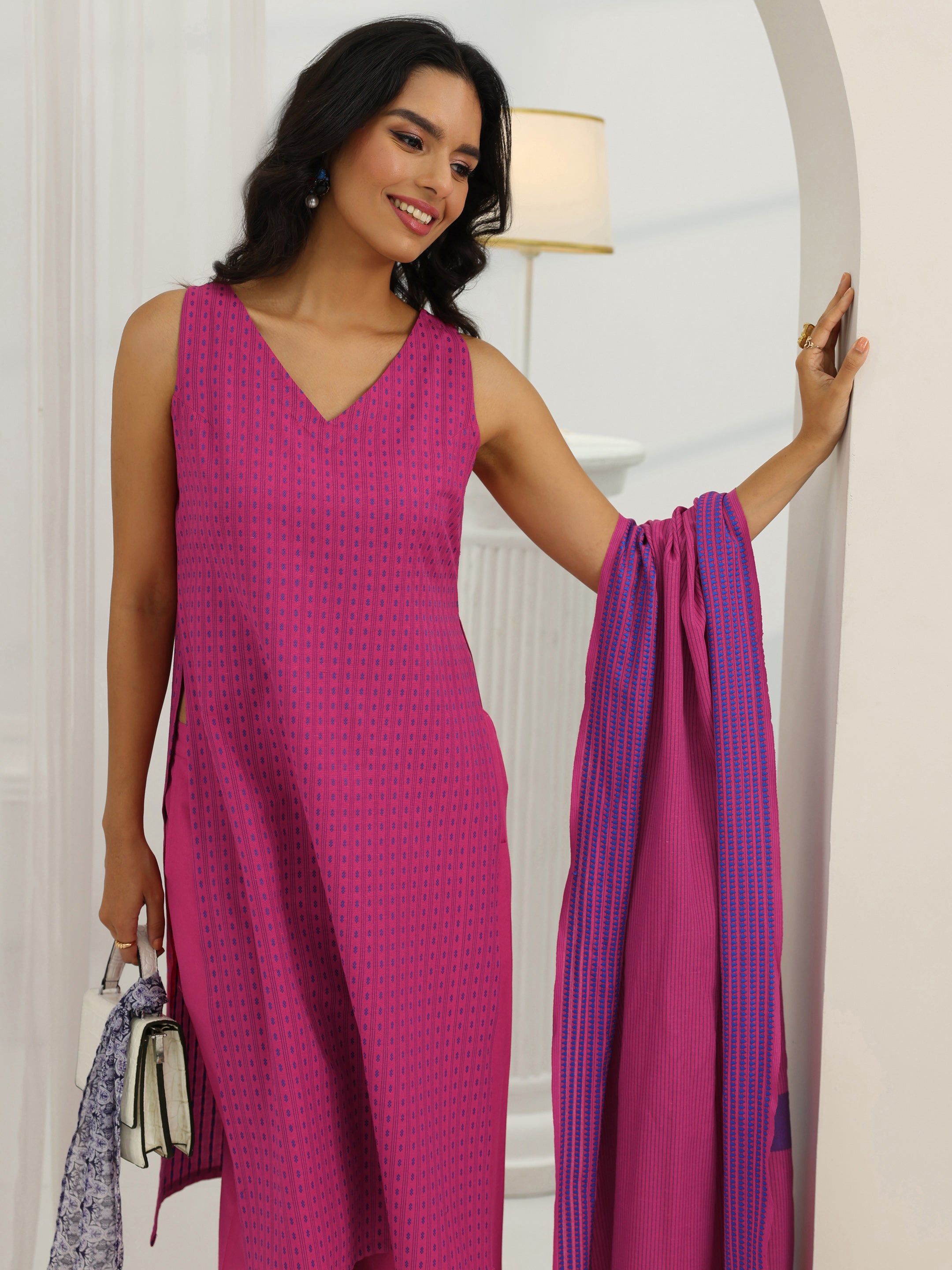 Cream Woven Design Silk Blend Straight Suit Set With Dupatta