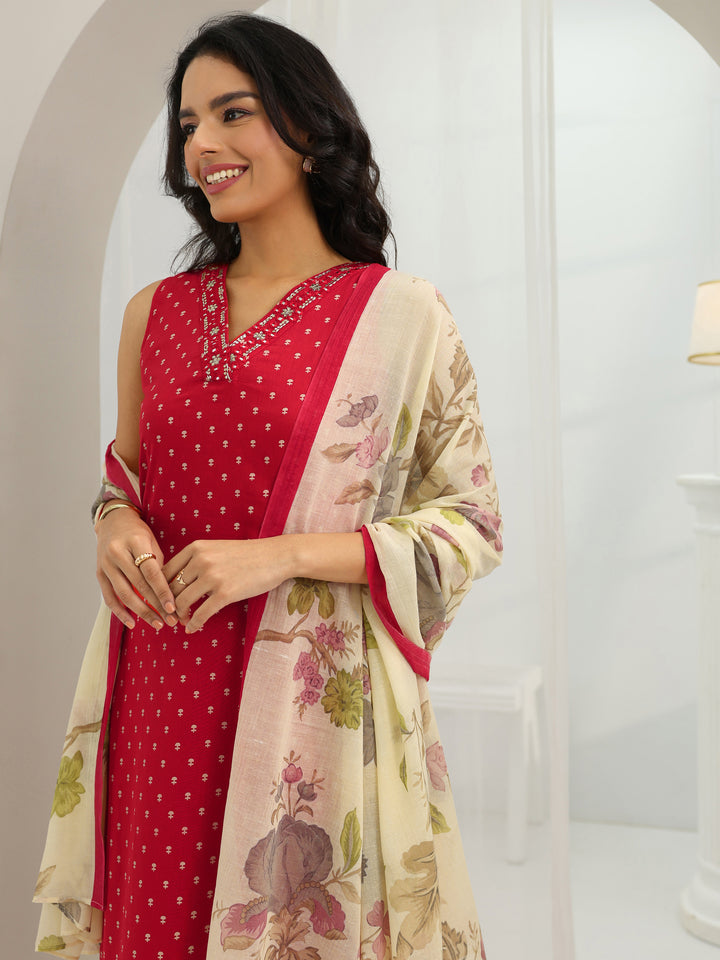 Red Printed Cotton Straight Suit Set With Dupatta