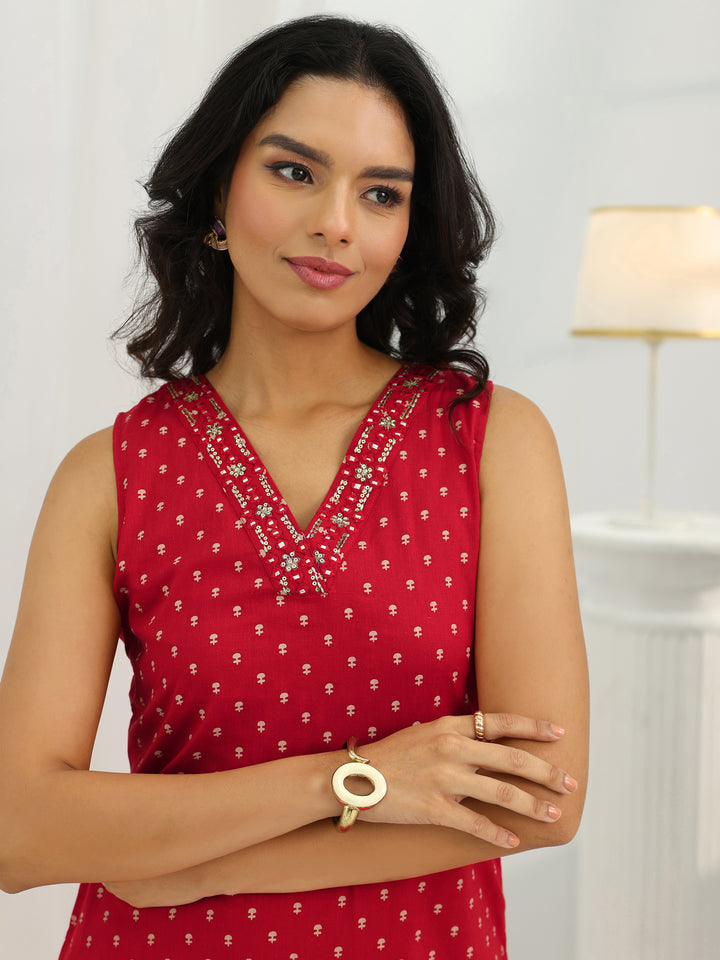 Red Printed Cotton Straight Suit Set With Dupatta