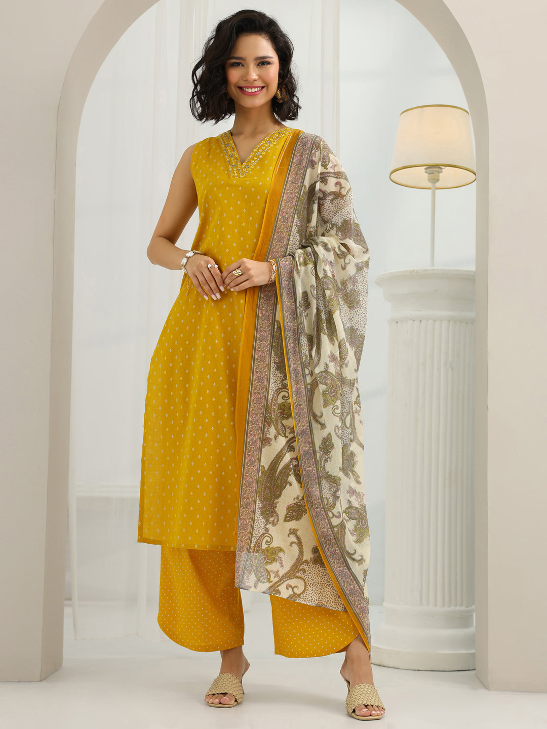 Mustard Printed Cotton Straight Suit Set With Dupatta