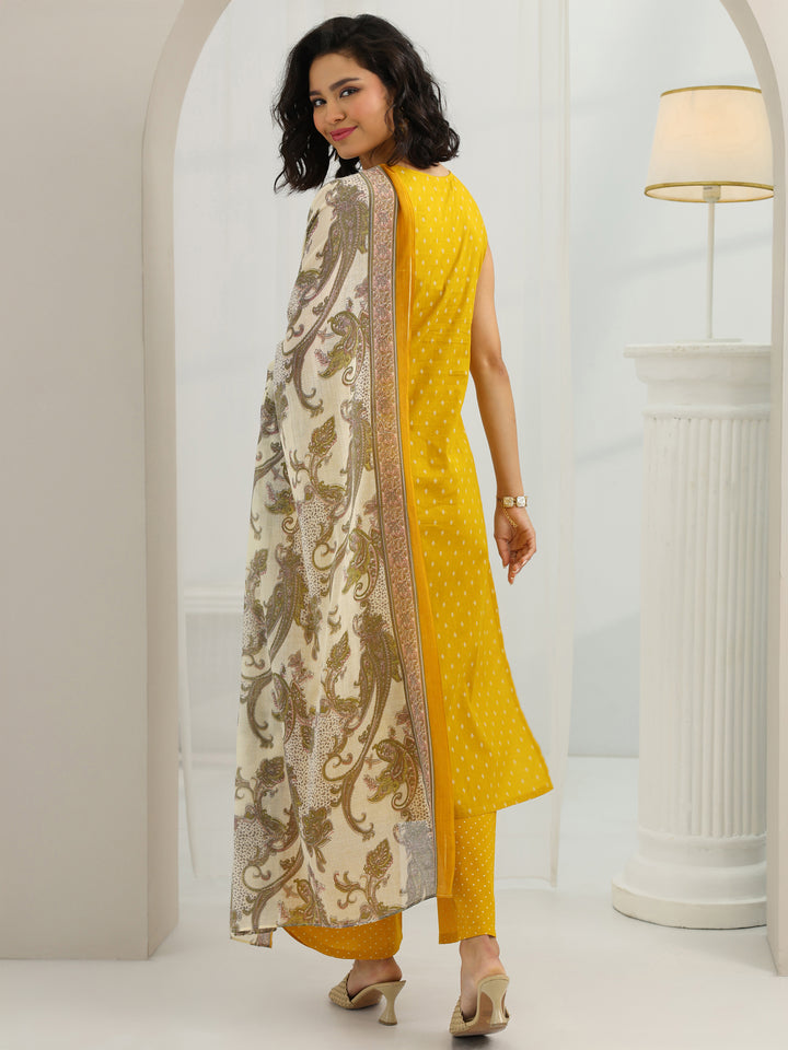 Mustard Printed Cotton Straight Suit Set With Dupatta