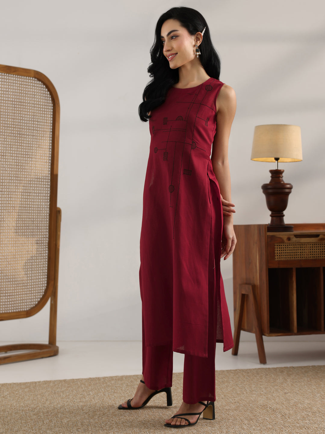 Maroon Embroidered Cotton Straight Kurta Set