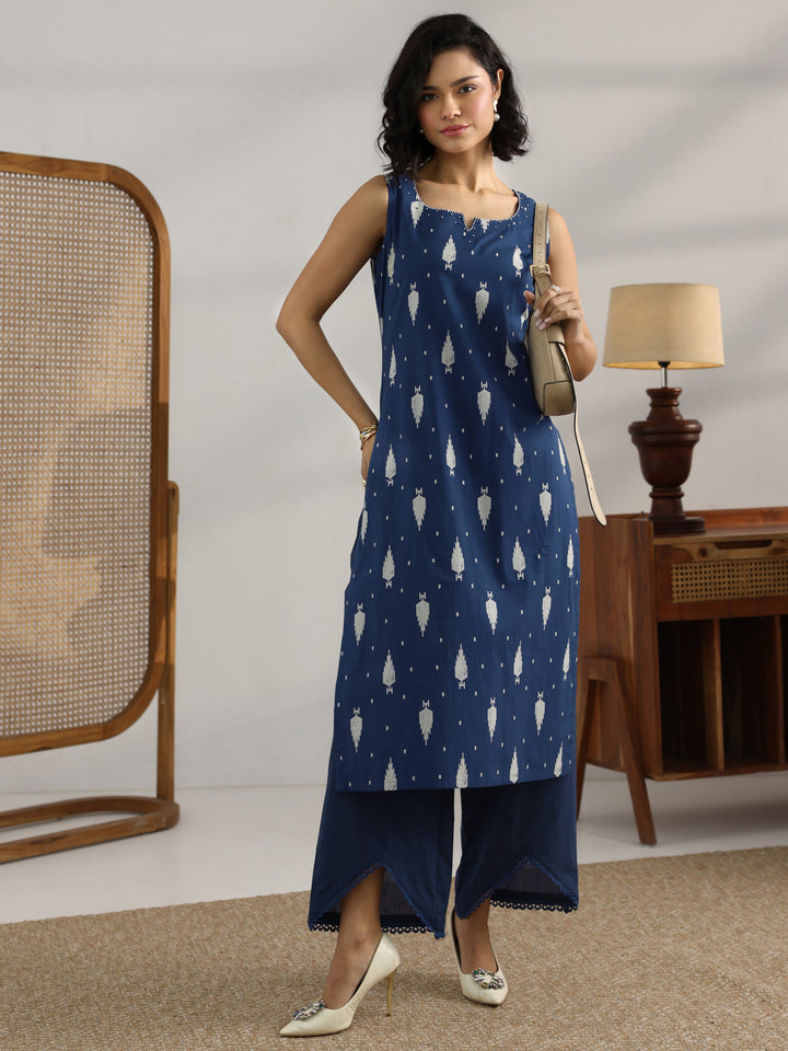 Blue Printed Cotton Straight Kurta Set