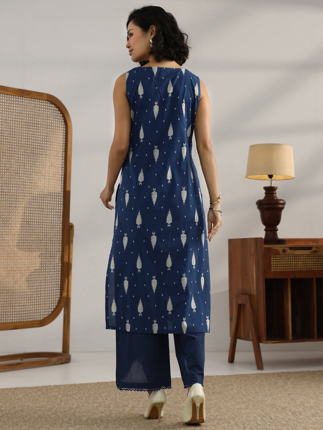 Blue Printed Cotton Straight Kurta Set