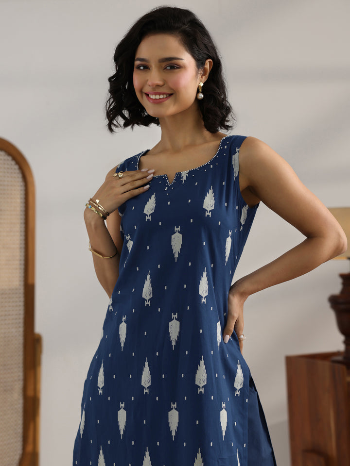 Blue Printed Cotton Straight Kurta Set