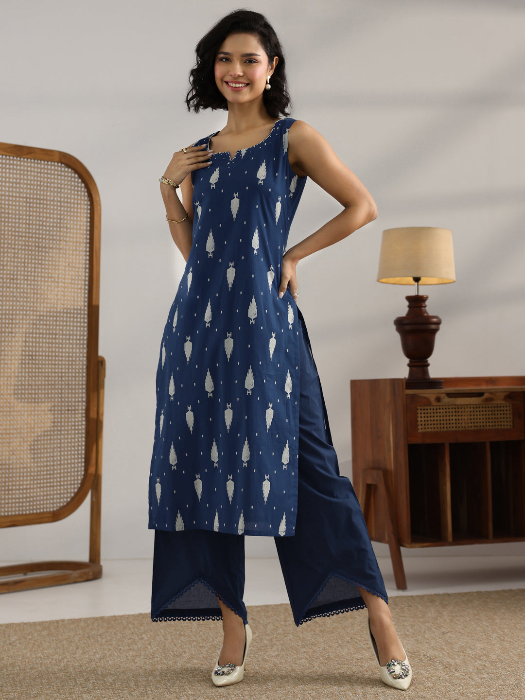 Blue Printed Cotton Straight Kurta Set