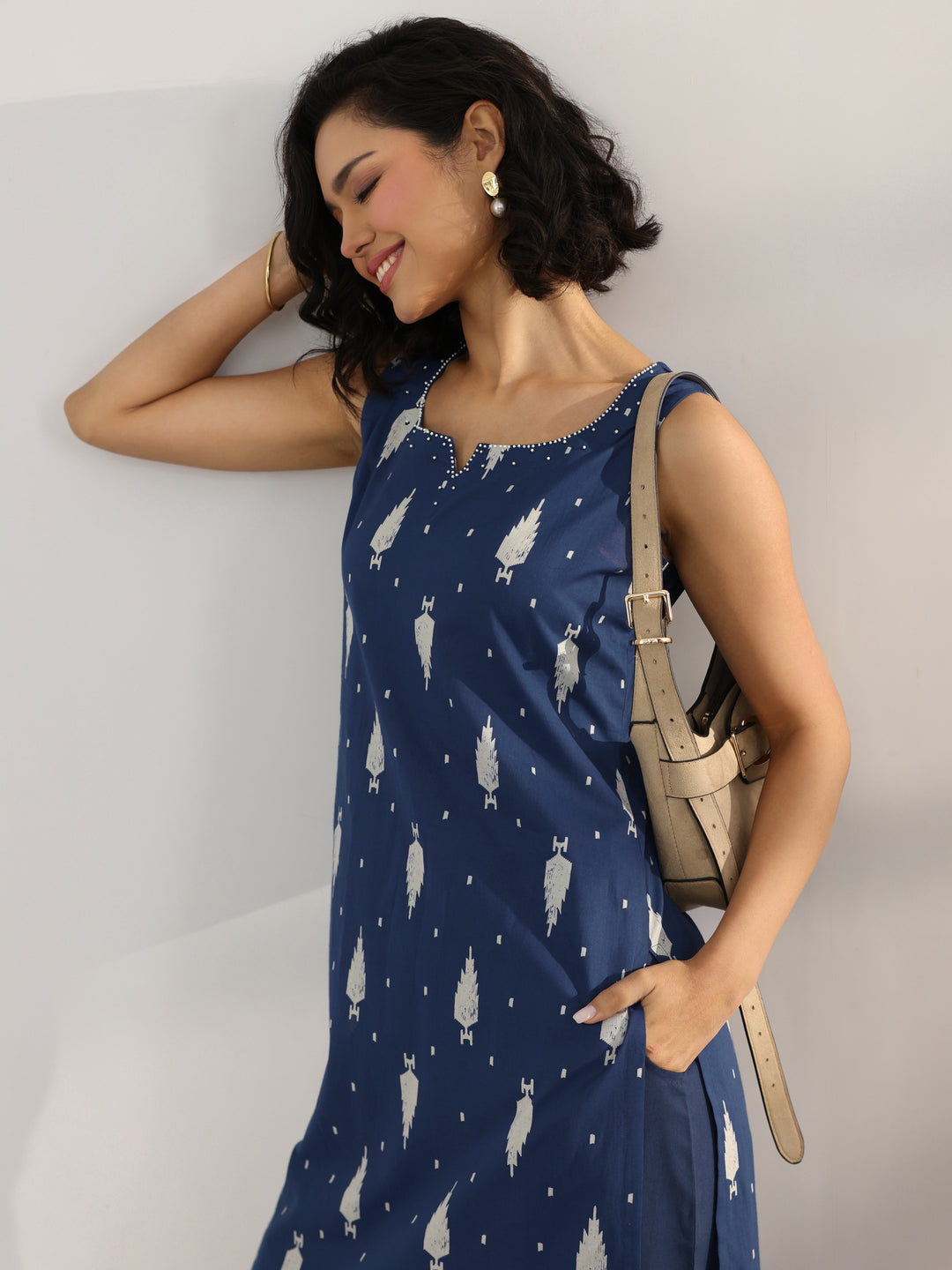 Blue Printed Cotton Straight Kurta Set