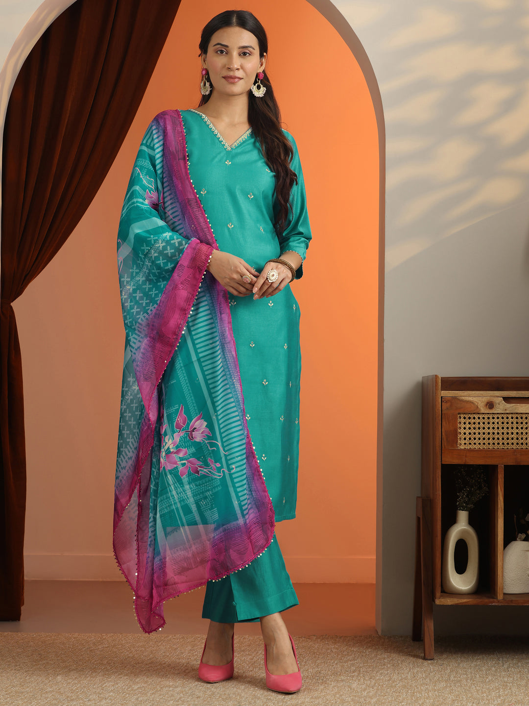 Blue Embroidered Silk Blend Straight Suit Set With Dupatta