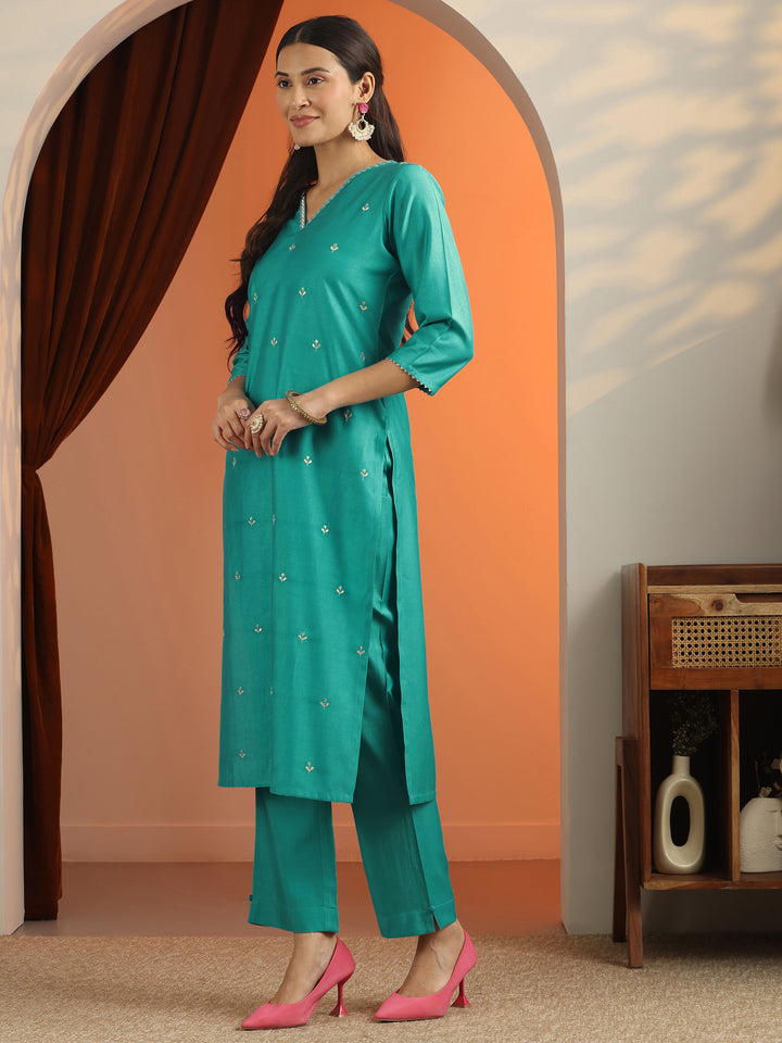Blue Embroidered Silk Blend Straight Suit Set With Dupatta