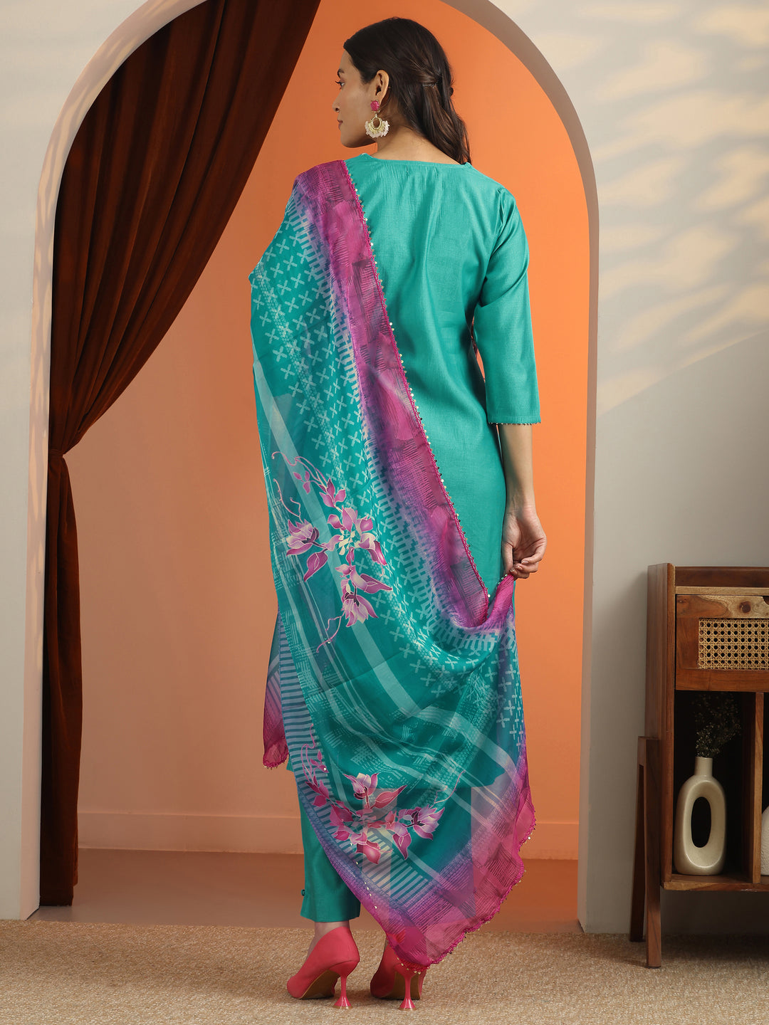 Blue Embroidered Silk Blend Straight Suit Set With Dupatta
