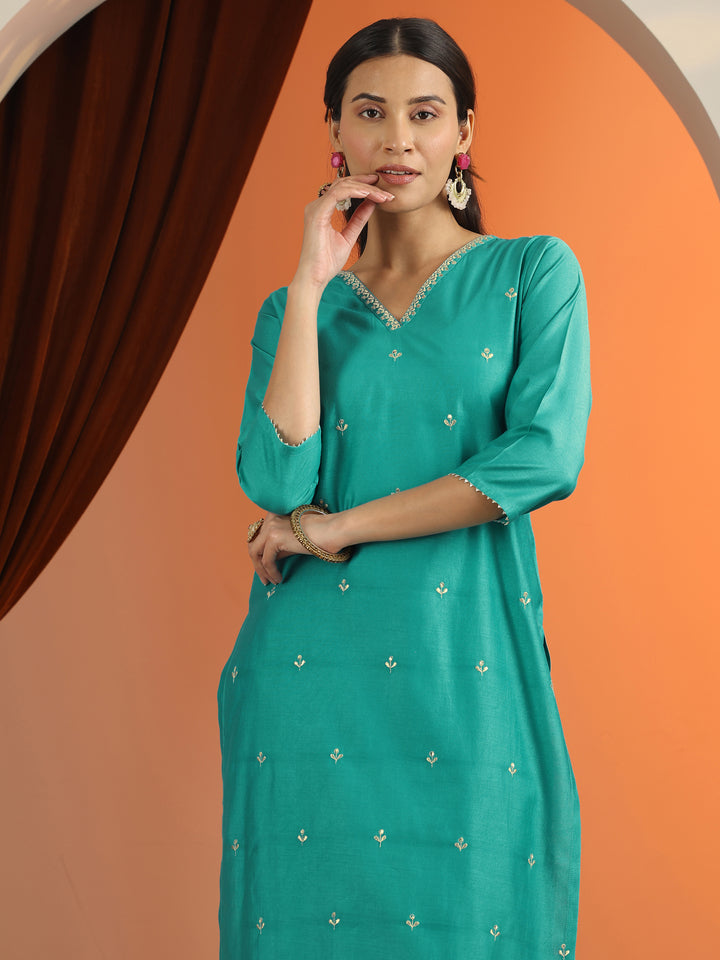 Blue Embroidered Silk Blend Straight Suit Set With Dupatta
