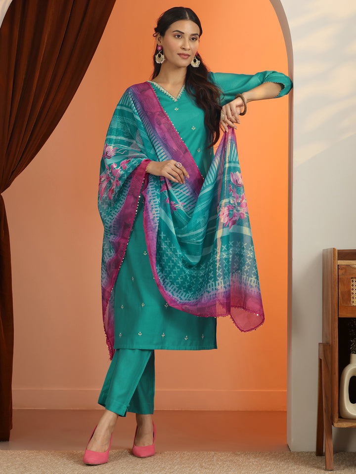 Blue Embroidered Silk Blend Straight Suit Set With Dupatta
