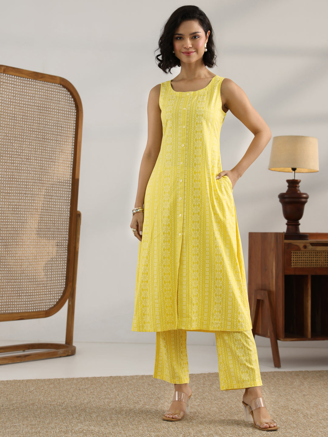 Yellow Printed Rayon A-Line Kurta Set