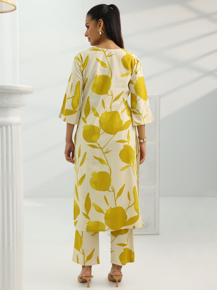 Off White Printed Cotton Straight Kurta Set