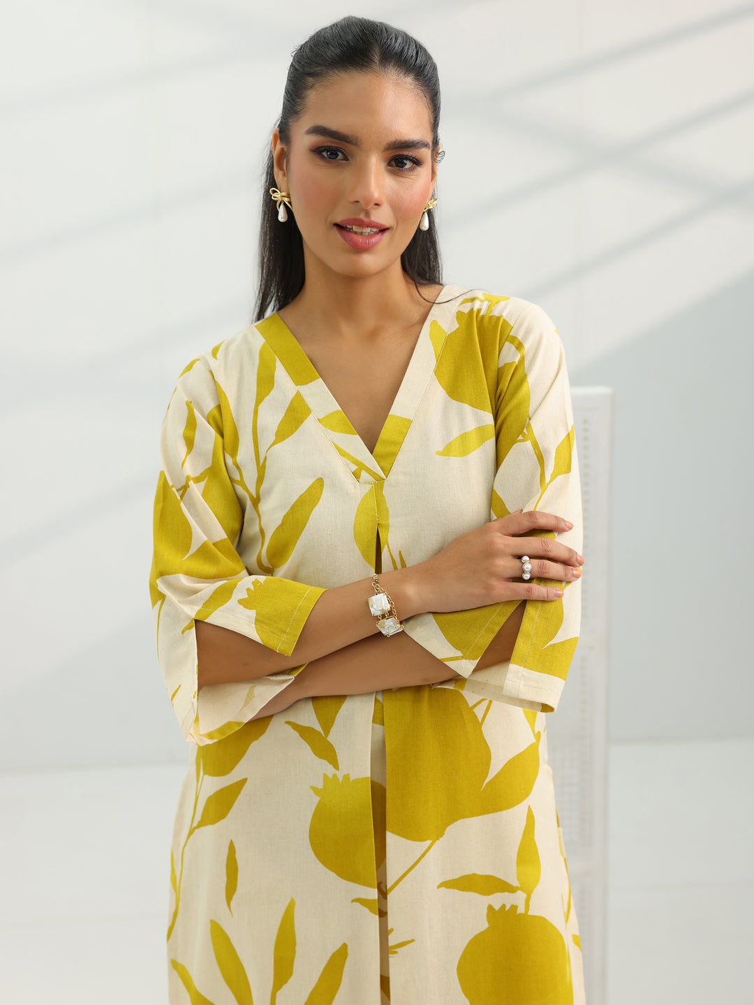 Off White Printed Cotton Straight Kurta Set