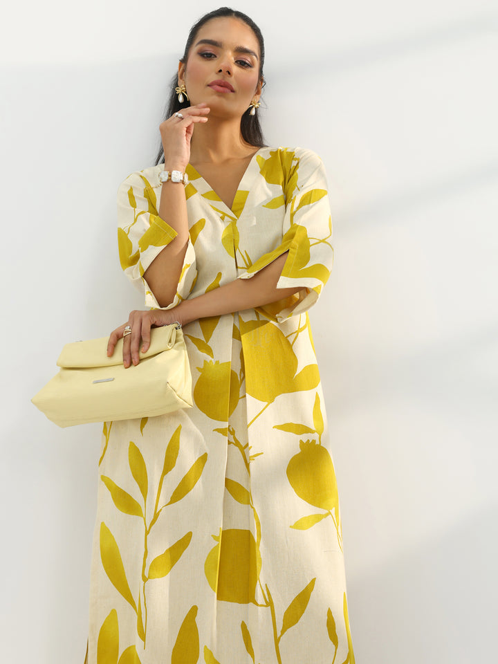 Off White Printed Cotton Straight Kurta Set