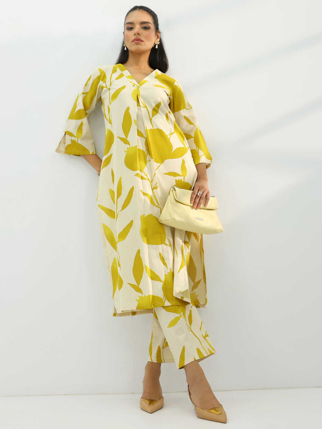 Off White Printed Cotton Straight Kurta Set