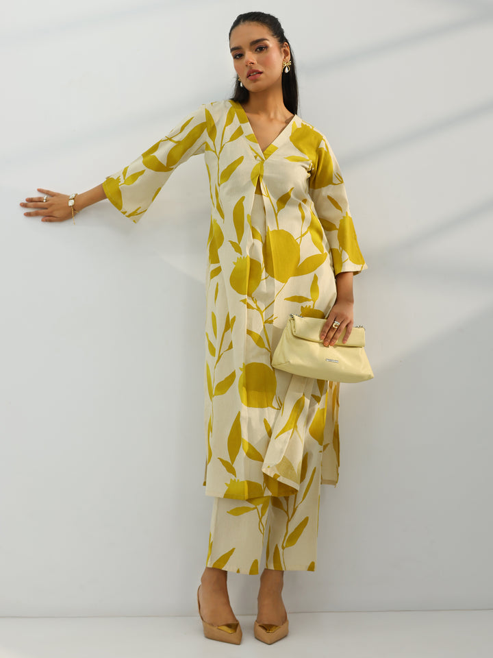 Off White Printed Cotton Straight Kurta Set