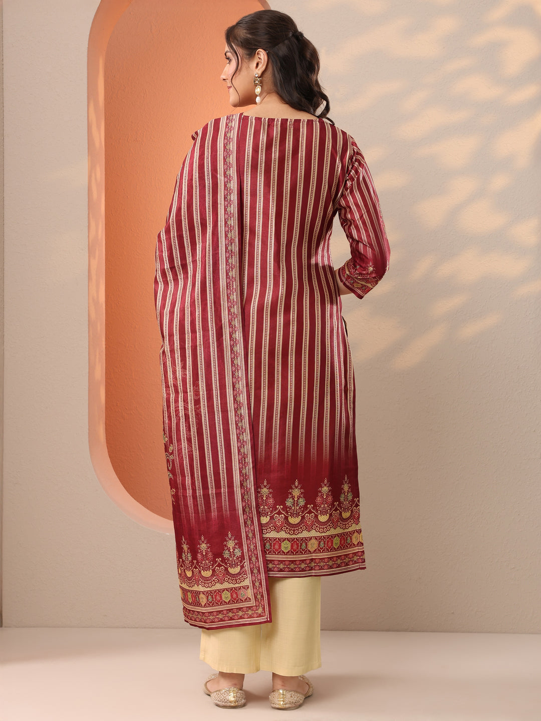 Beige Printed Silk Blend Straight Suit Set With Dupatta