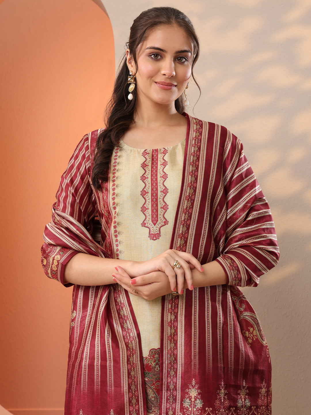 Beige Printed Silk Blend Straight Suit Set With Dupatta