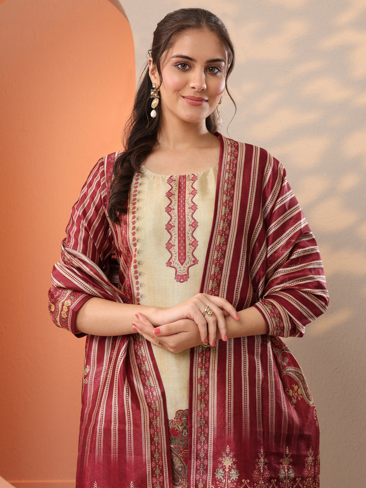 Beige Printed Silk Blend Straight Suit Set With Dupatta