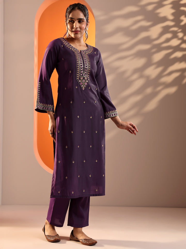 Purple Embroidered Rayon Straight Suit Set With Dupatta