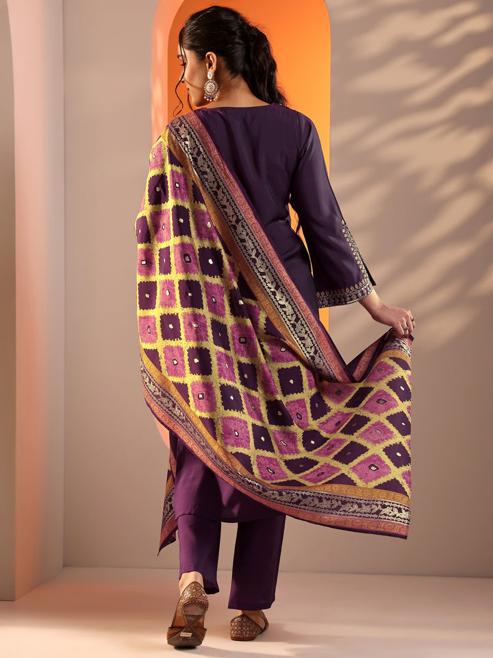 Purple Embroidered Rayon Straight Suit Set With Dupatta