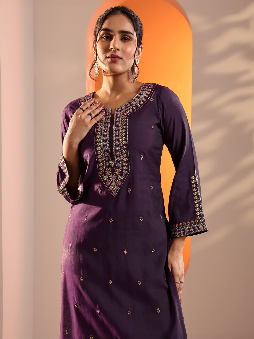 Purple Embroidered Rayon Straight Suit Set With Dupatta