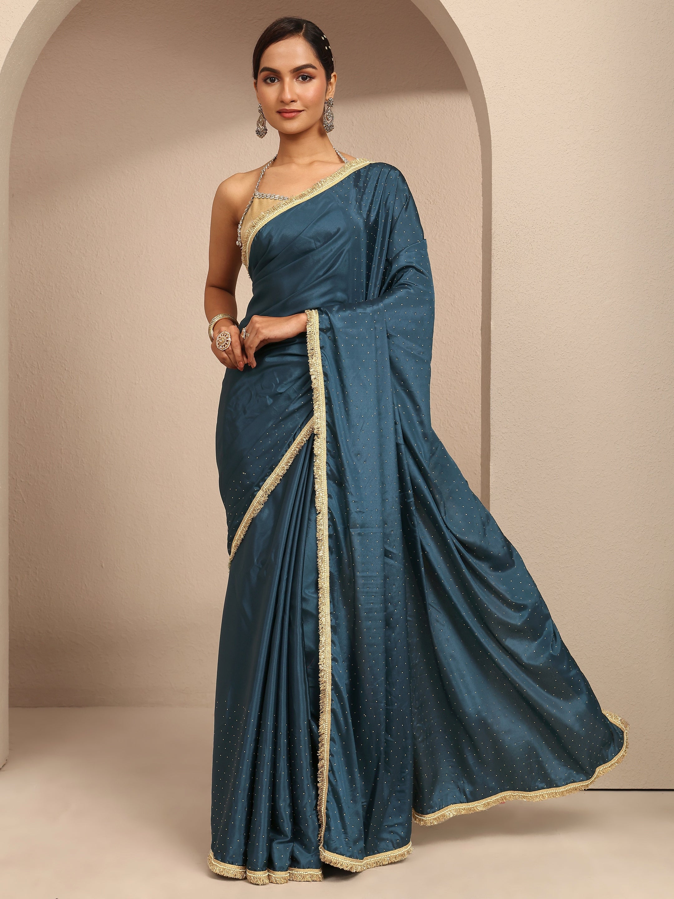 Buy Navy Blue Embellished Silk Blend Saree With Unstitched Blouse