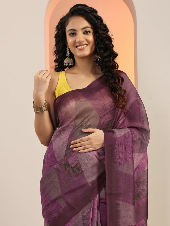 Mauve Printed Silk Blend Saree With Unstitched Blouse Piece