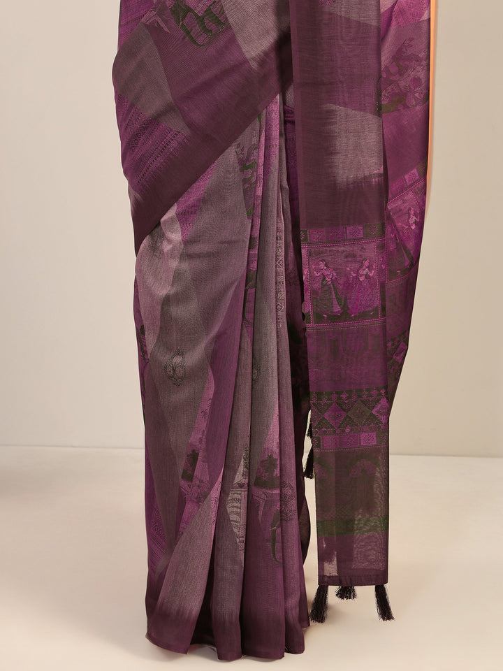 Mauve Printed Silk Blend Saree With Unstitched Blouse Piece