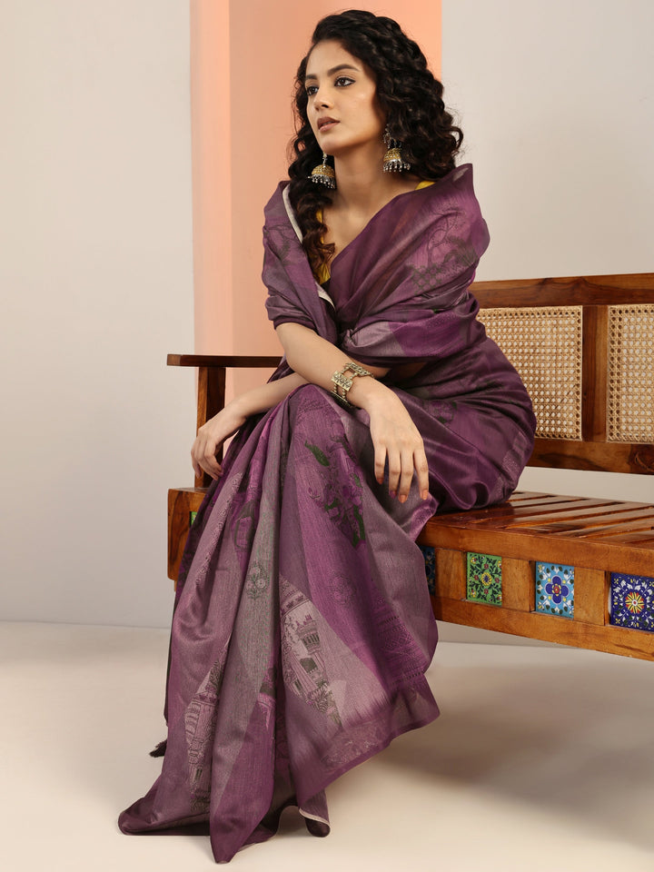 Mauve Printed Silk Blend Saree With Unstitched Blouse Piece